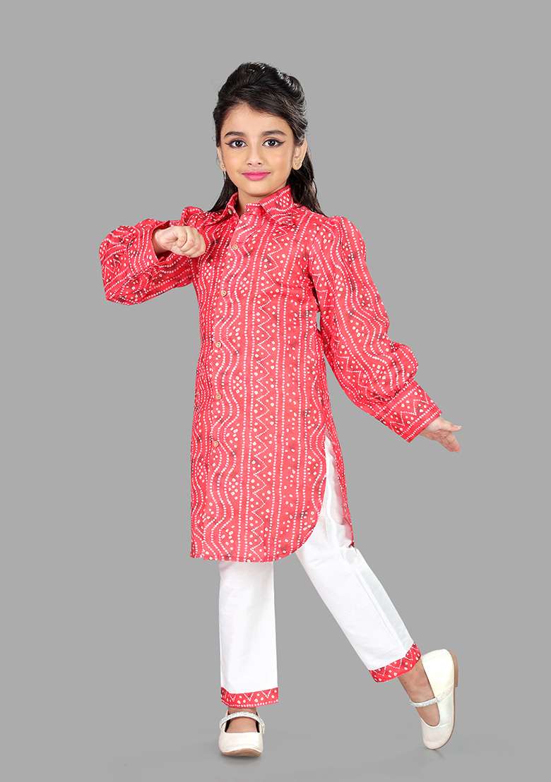 Red Printed Cotton Blend Kurta Set For Girls - Indya