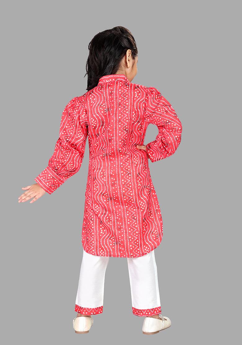 Red Printed Cotton Blend Kurta Set For Girls