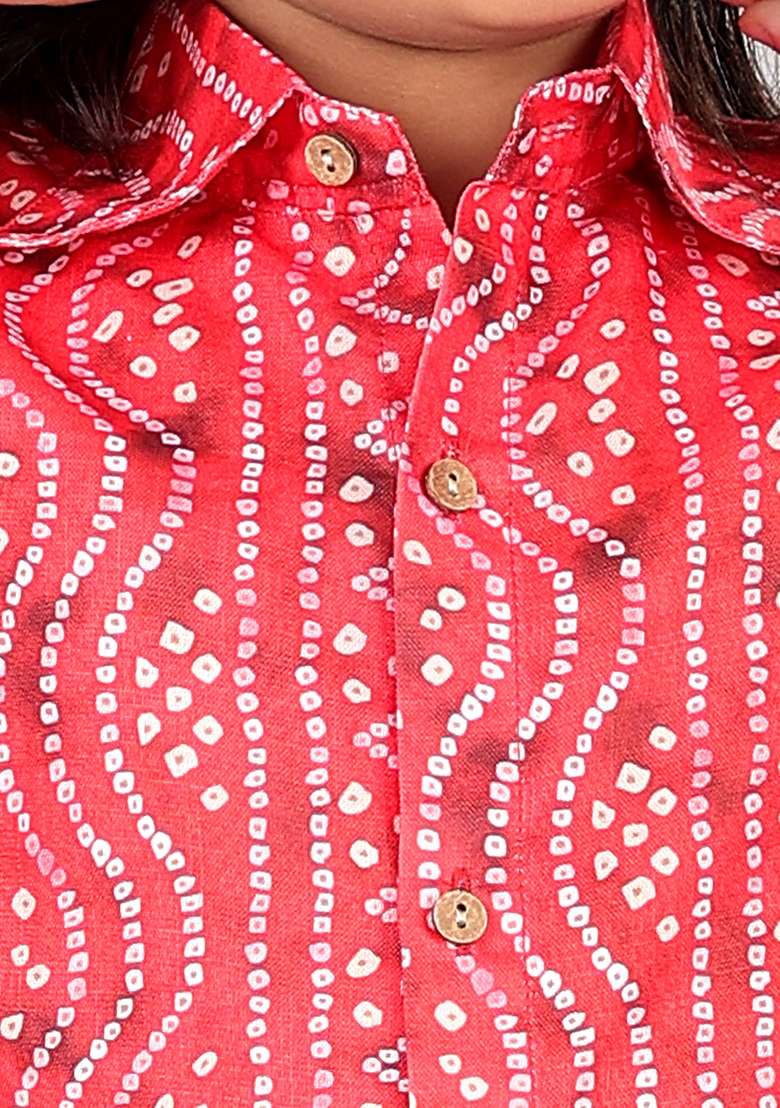Red Printed Cotton Blend Kurta Set For Girls - Indya