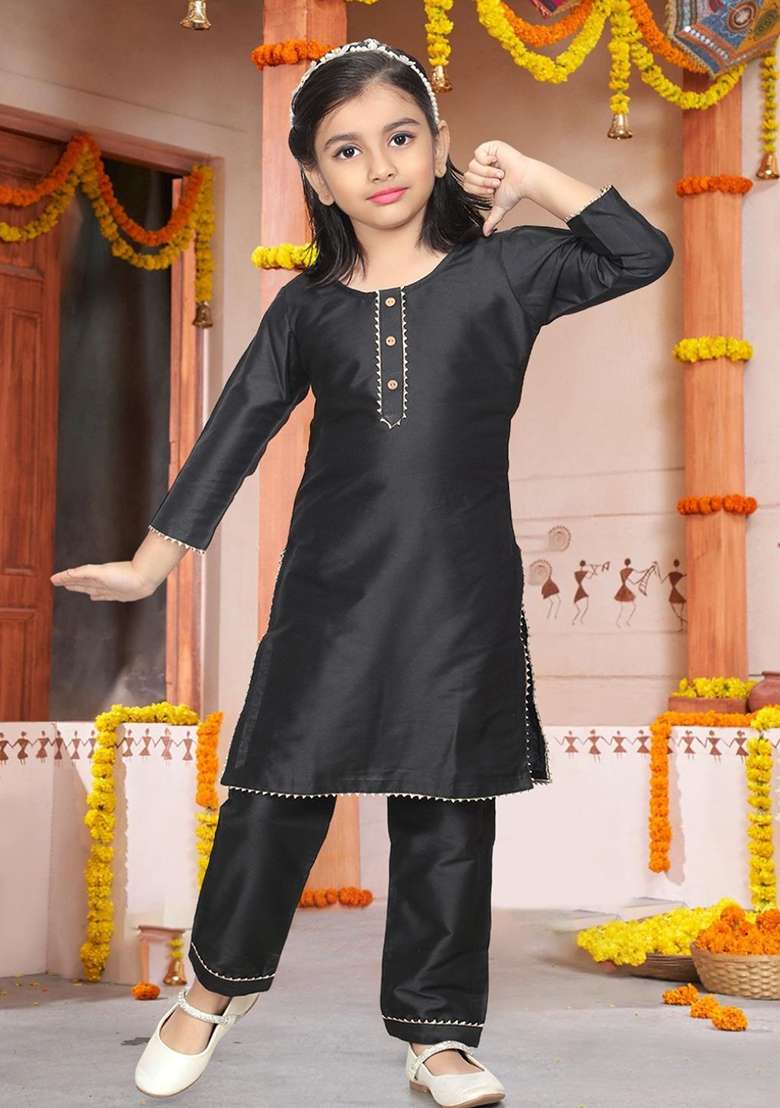 Black Embellished And Sequined Cotton Blend Kurta Set For Girls - Indya
