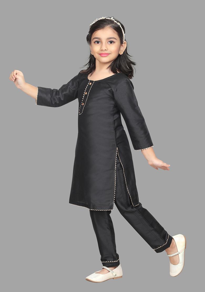 Black Embellished And Sequined Cotton Blend Kurta Set For Girls