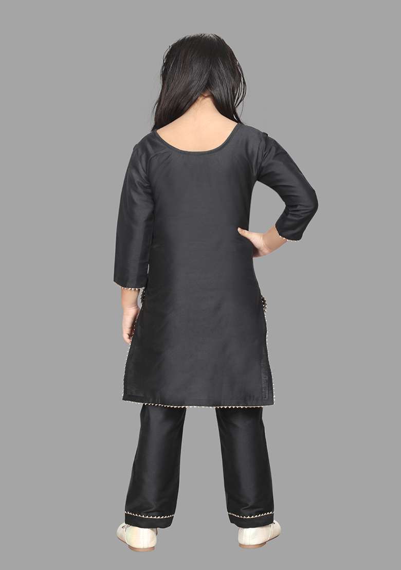 Black Embellished And Sequined Cotton Blend Kurta Set For Girls - Indya