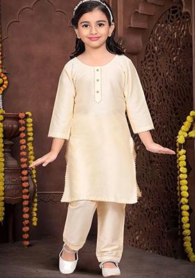 Gold Embellished And Sequined Cotton Blend Kurta Set For Girls