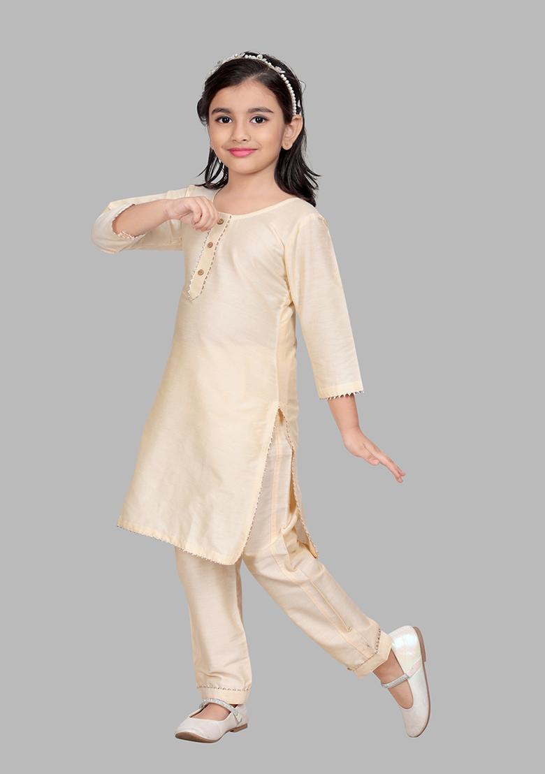 Gold Embellished And Sequined Cotton Blend Kurta Set For Girls