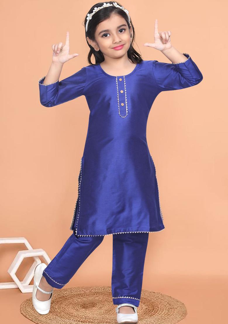 Blue Embellished And Sequined Cotton Blend Kurta Set For Girls