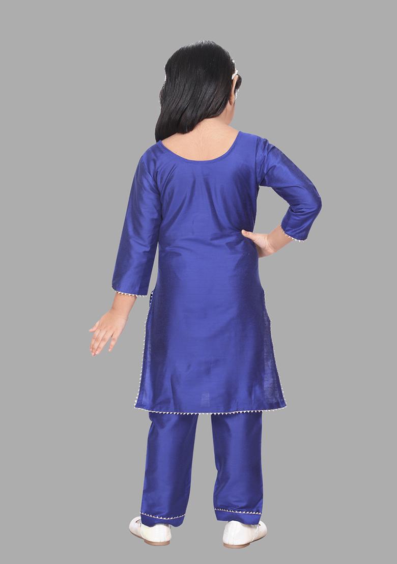 Blue Embellished And Sequined Cotton Blend Kurta Set For Girls