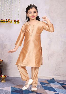 Gold Printed Cotton Blend Kurta Set For Girls