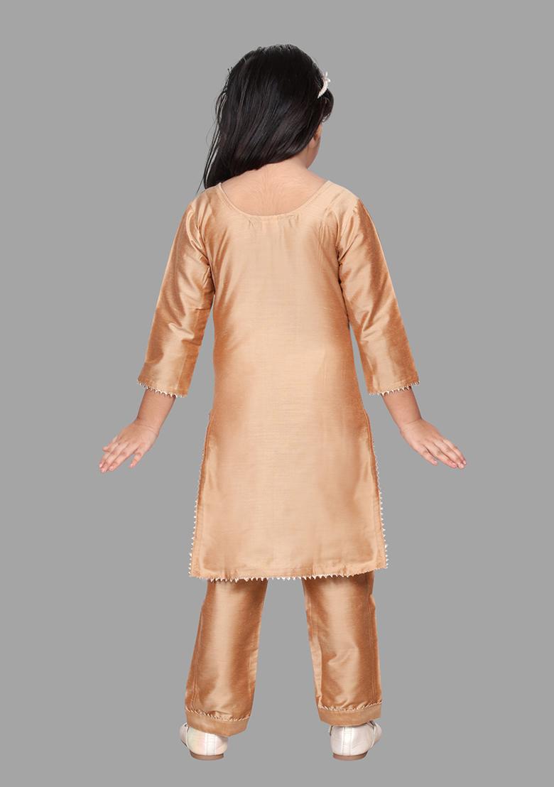 Gold Printed Cotton Blend Kurta Set For Girls