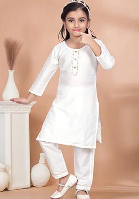 White Printed Cotton Blend Kurta Set For Girls