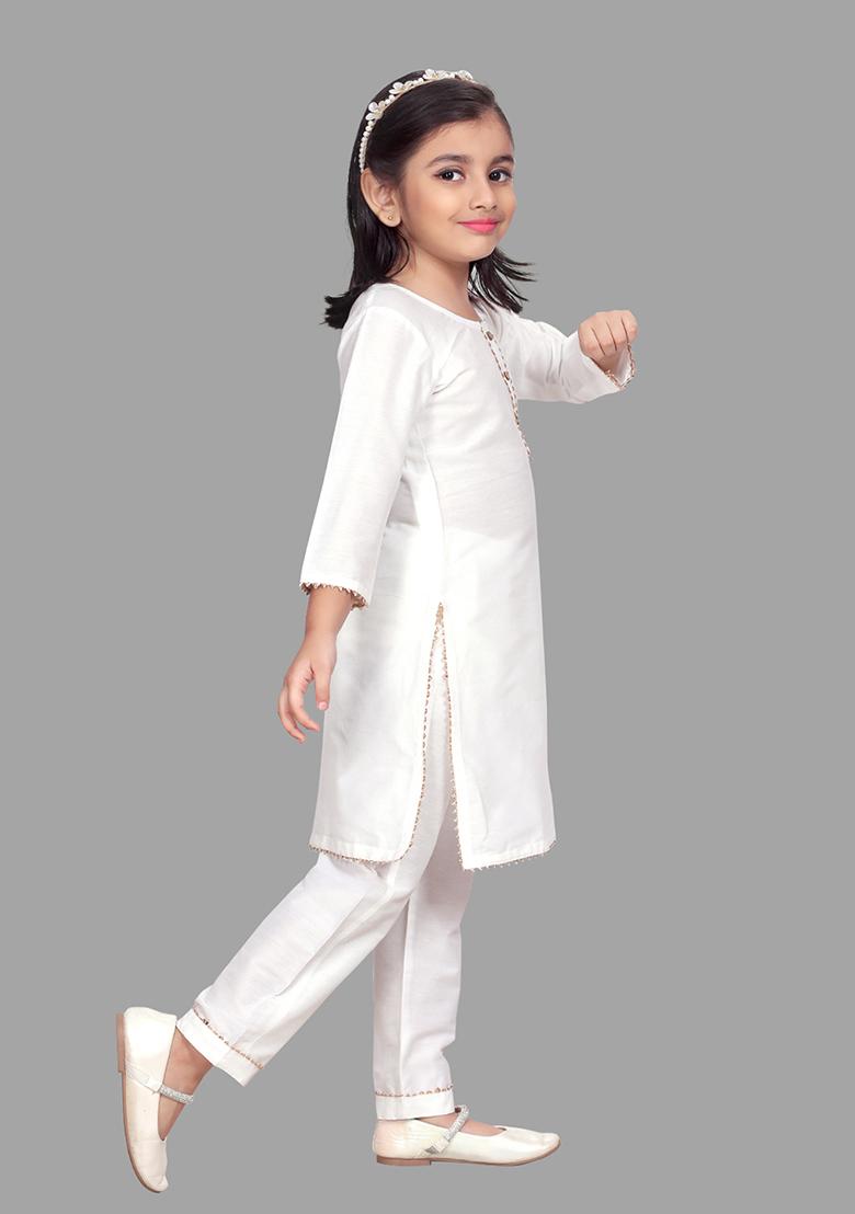 White Printed Cotton Blend Kurta Set For Girls