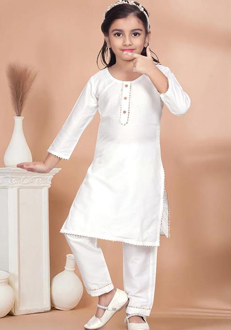 White Printed Cotton Blend Kurta Set For Girls