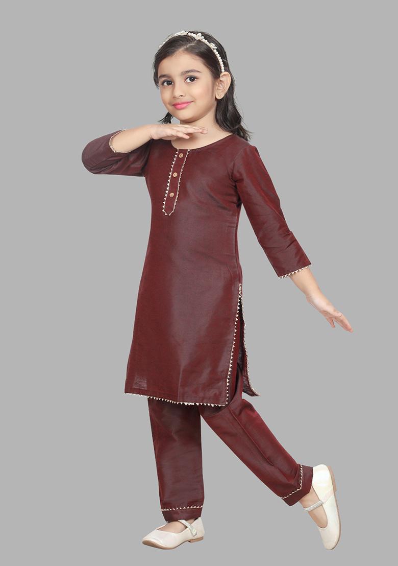 Wine Embellished And Sequined Cotton Blend Kurta Set For Girls