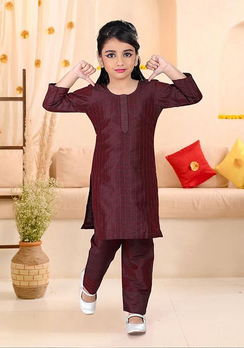 Wine Embellished And Sequined Cotton Blend Kurta Set For Girls