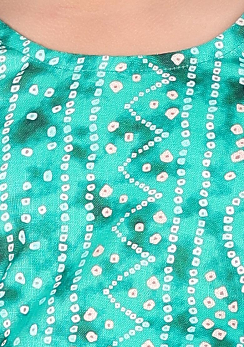 Green Printed Cotton Blend Kurta Set For Girls