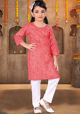 Red Printed Cotton Blend Kurta Set For Girls