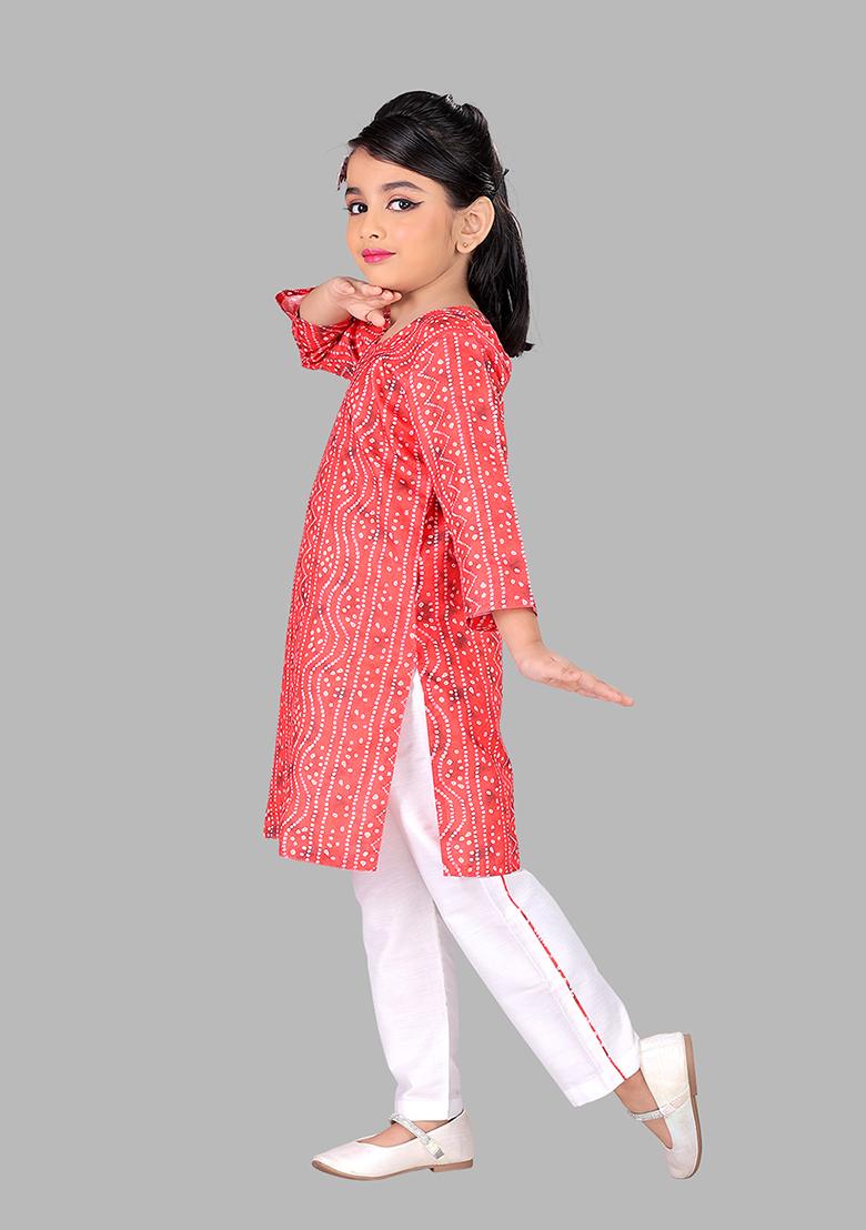 Red Printed Cotton Blend Kurta Set For Girls