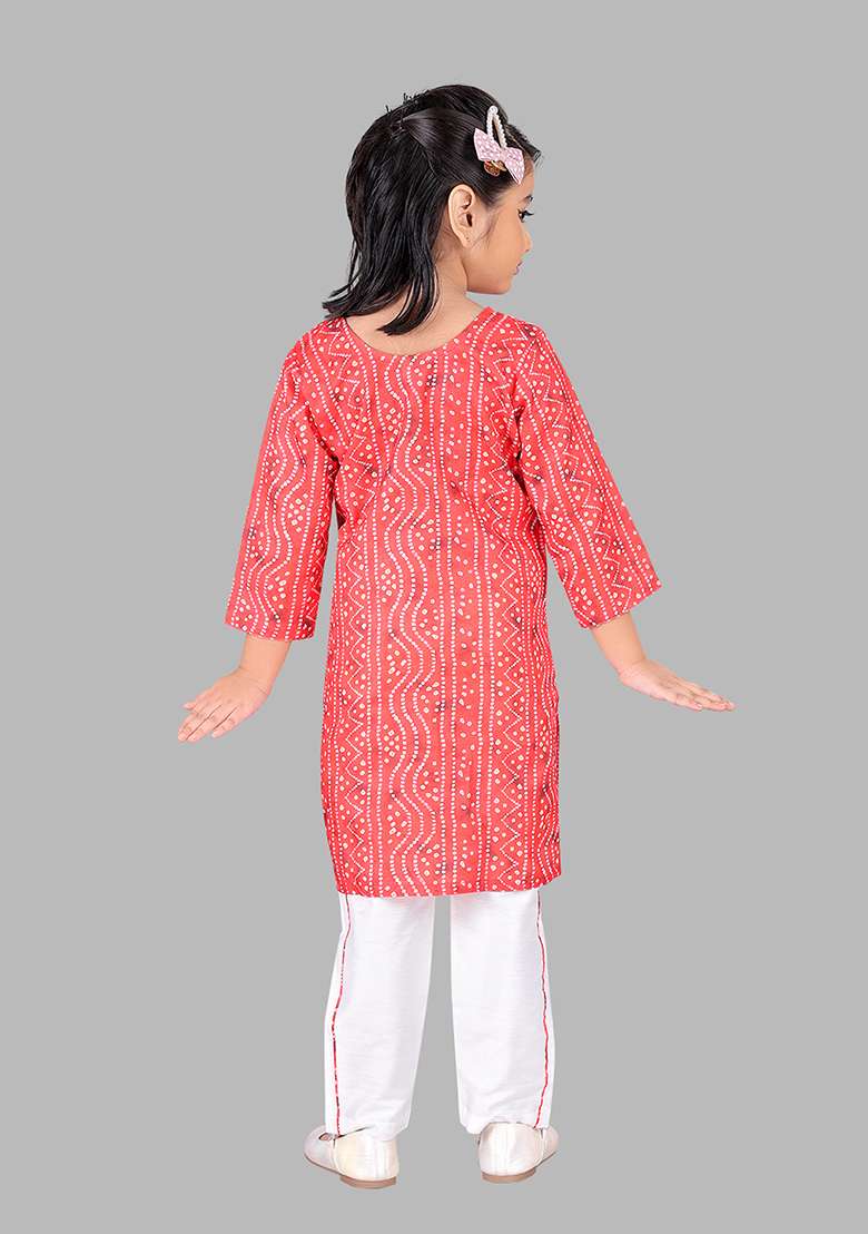 Red Printed Cotton Blend Kurta Set For Girls - Indya