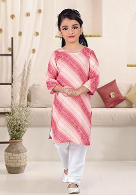 Pink Printed Cotton Blend Kurta Set For Girls
