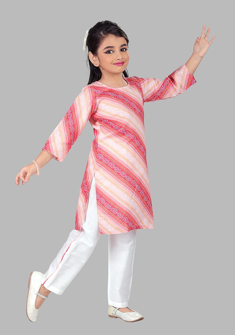 Pink Printed Cotton Blend Kurta Set For Girls