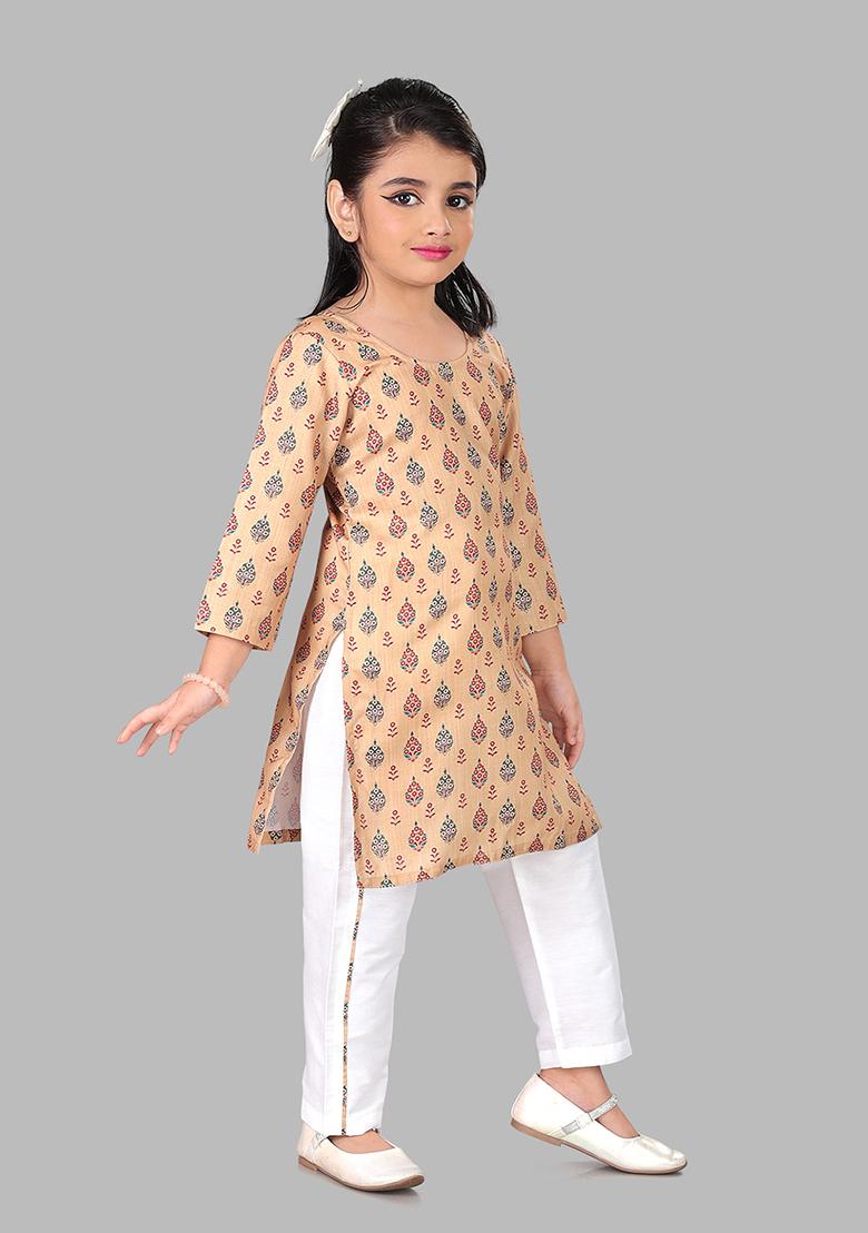Beige Printed Cotton Blend Kurta Set For Girls