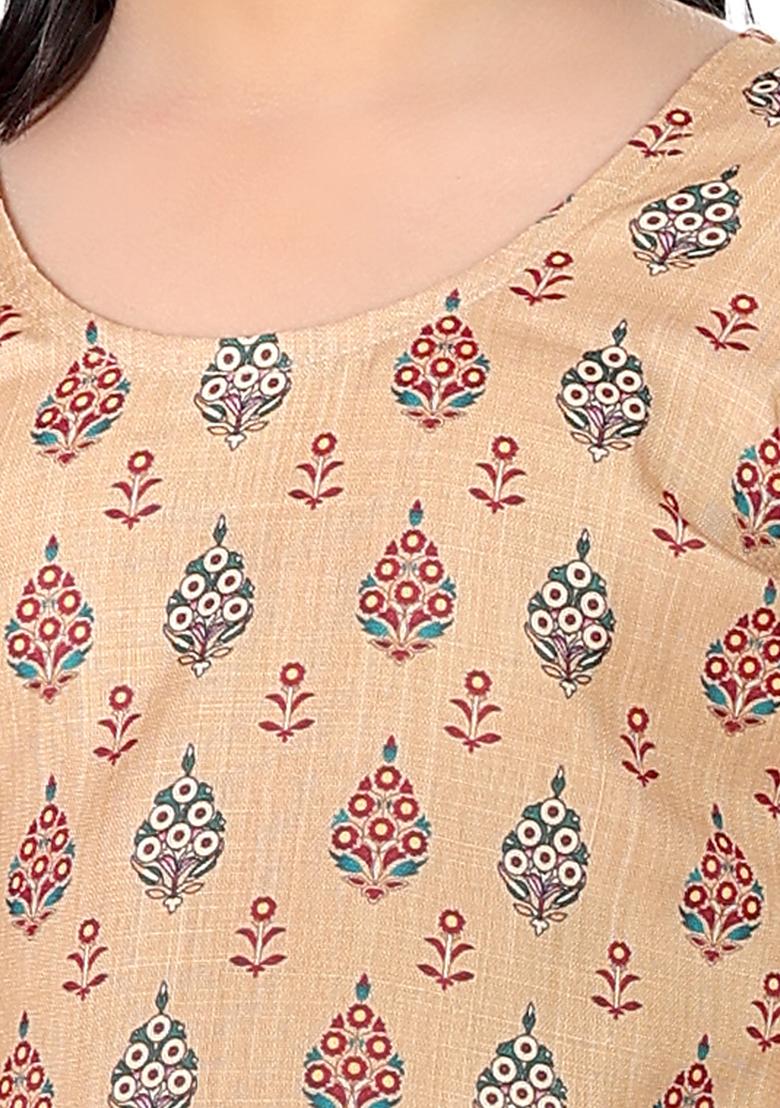 Beige Printed Cotton Blend Kurta Set For Girls