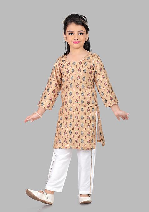 Beige Printed Cotton Blend Kurta Set For Girls