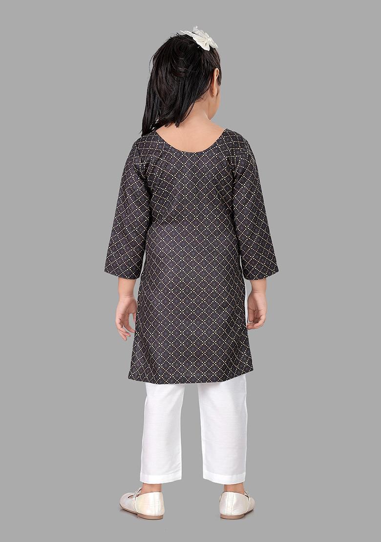Black Printed Cotton Blend Kurta Set For Girls
