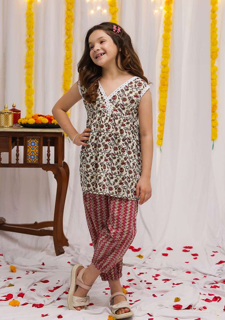 Beige And Maroon Floral Cotton Kurta Set For Girls - Indya
