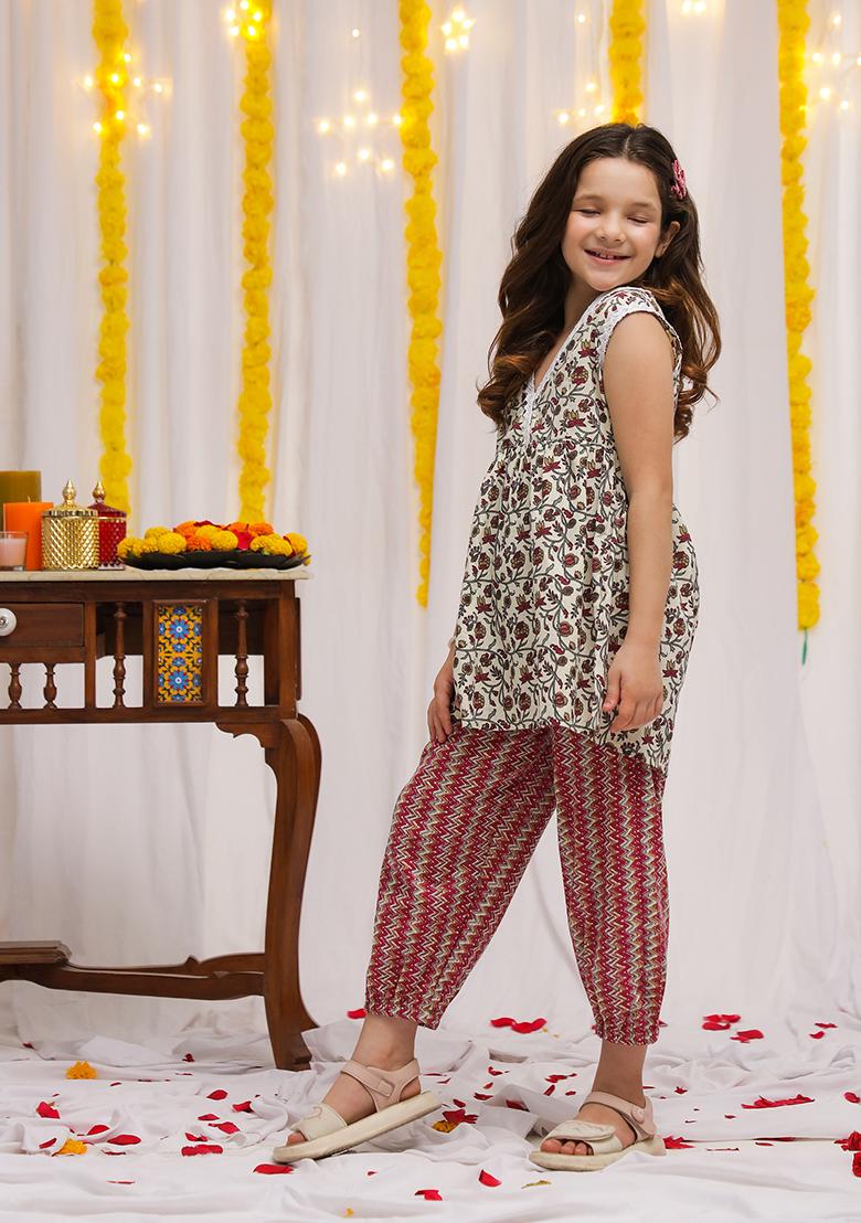 Beige And Maroon Floral Cotton Kurta Set For Girls