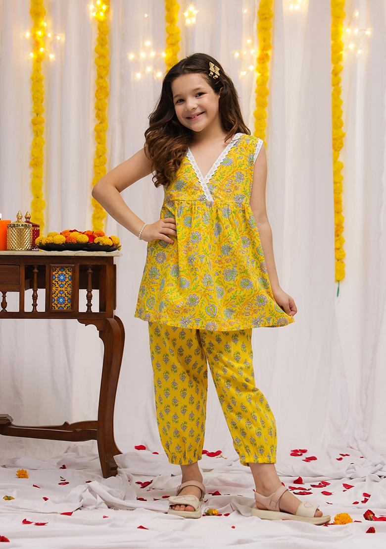 Yellow Floral Cotton Kurta Set For Girls