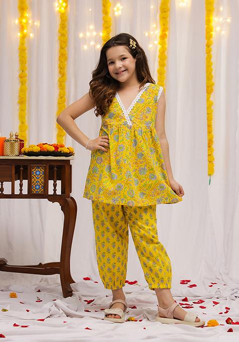 Yellow Floral Cotton Kurta Set For Girls