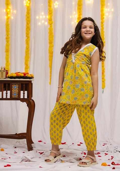 Yellow Floral Cotton Kurta Set For Girls