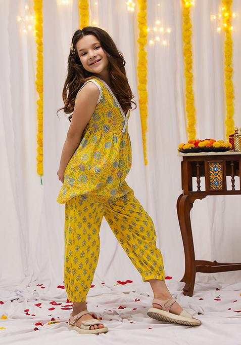 Yellow Floral Cotton Kurta Set For Girls