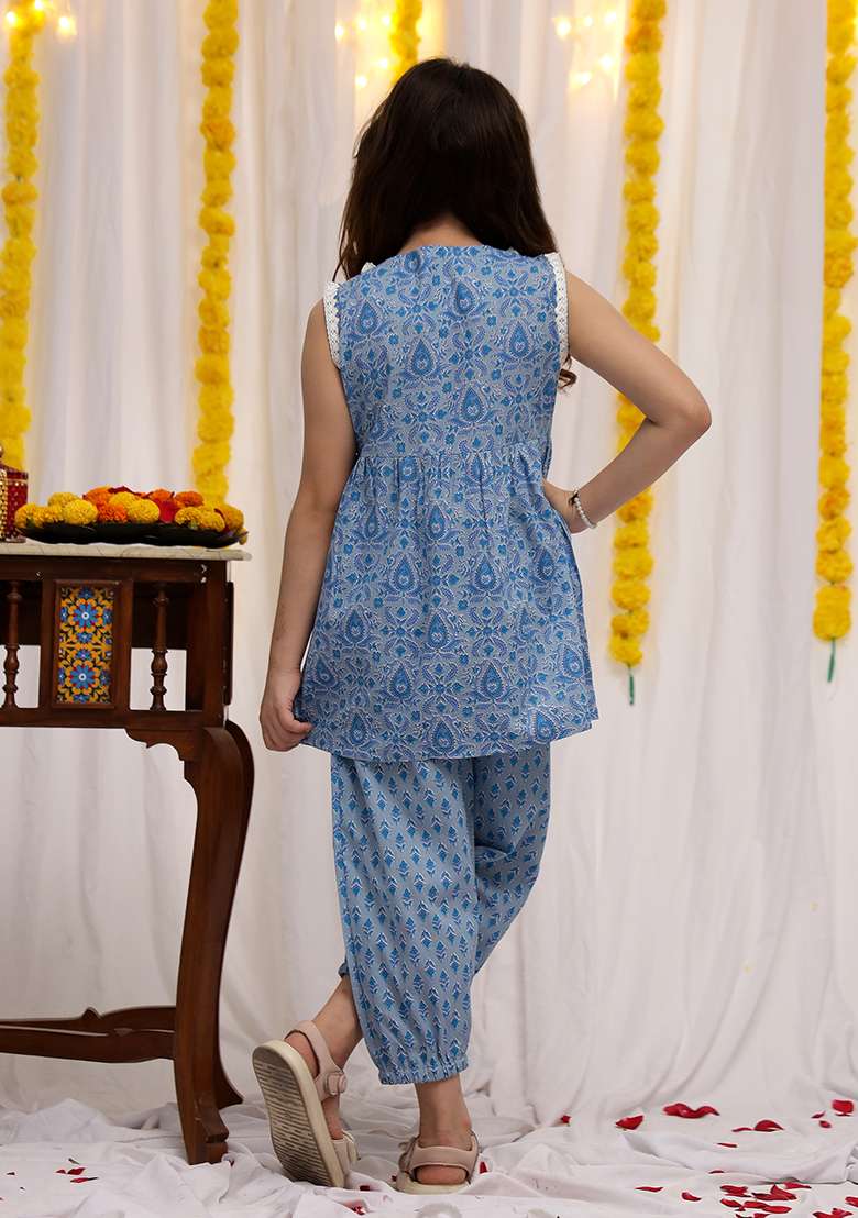 Skyblue Floral Cotton Kurta Set For Girls - Indya