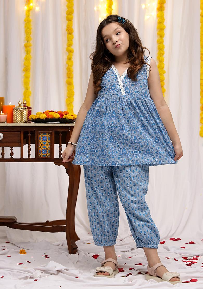 Skyblue Floral Cotton Kurta Set For Girls