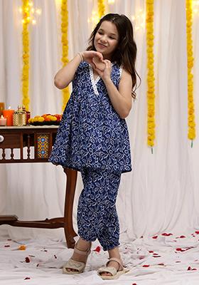 Navy Blue Floral Cotton Kurta Set For Girls