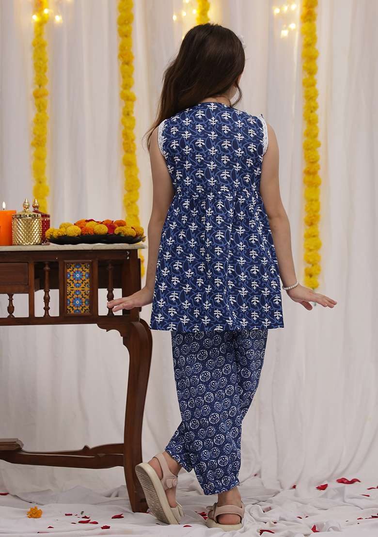 Blue Floral Cotton Kurta Set For Girls - Indya