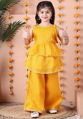 Yellow Striped Cotton Blend Kurta Set For Girls