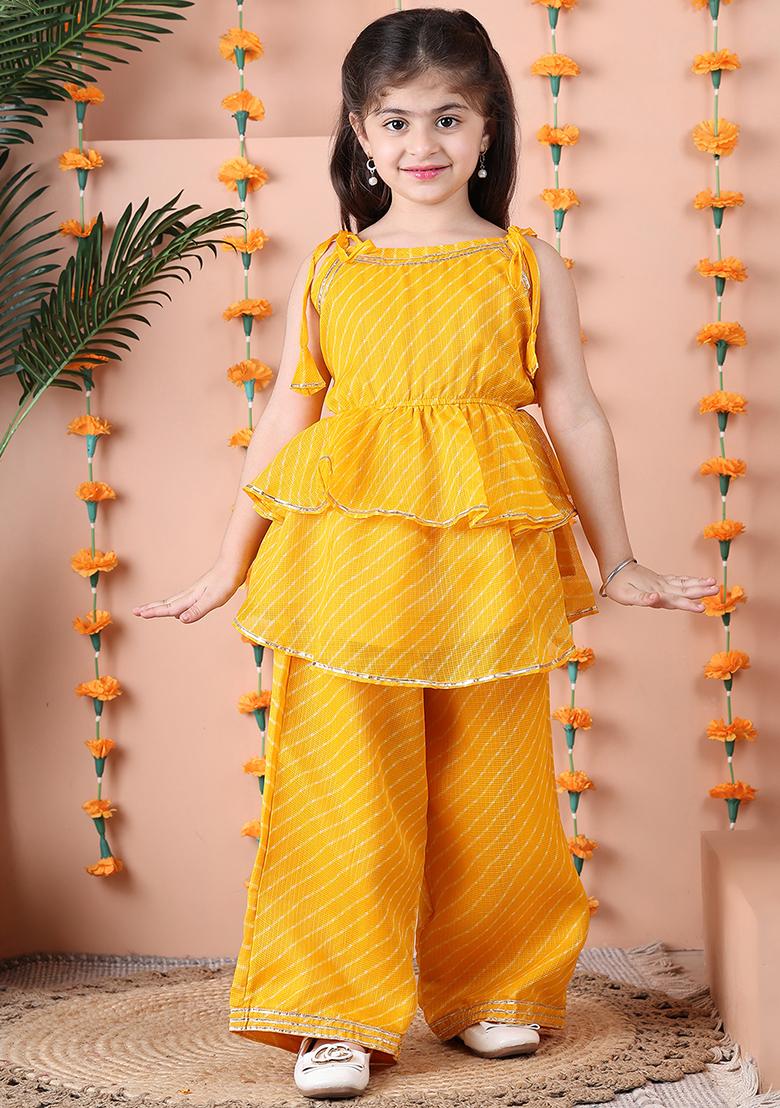 Yellow Striped Cotton Blend Kurta Set For Girls