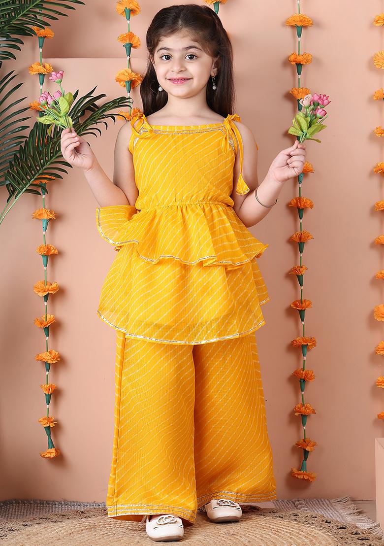 Yellow Striped Cotton Blend Kurta Set For Girls