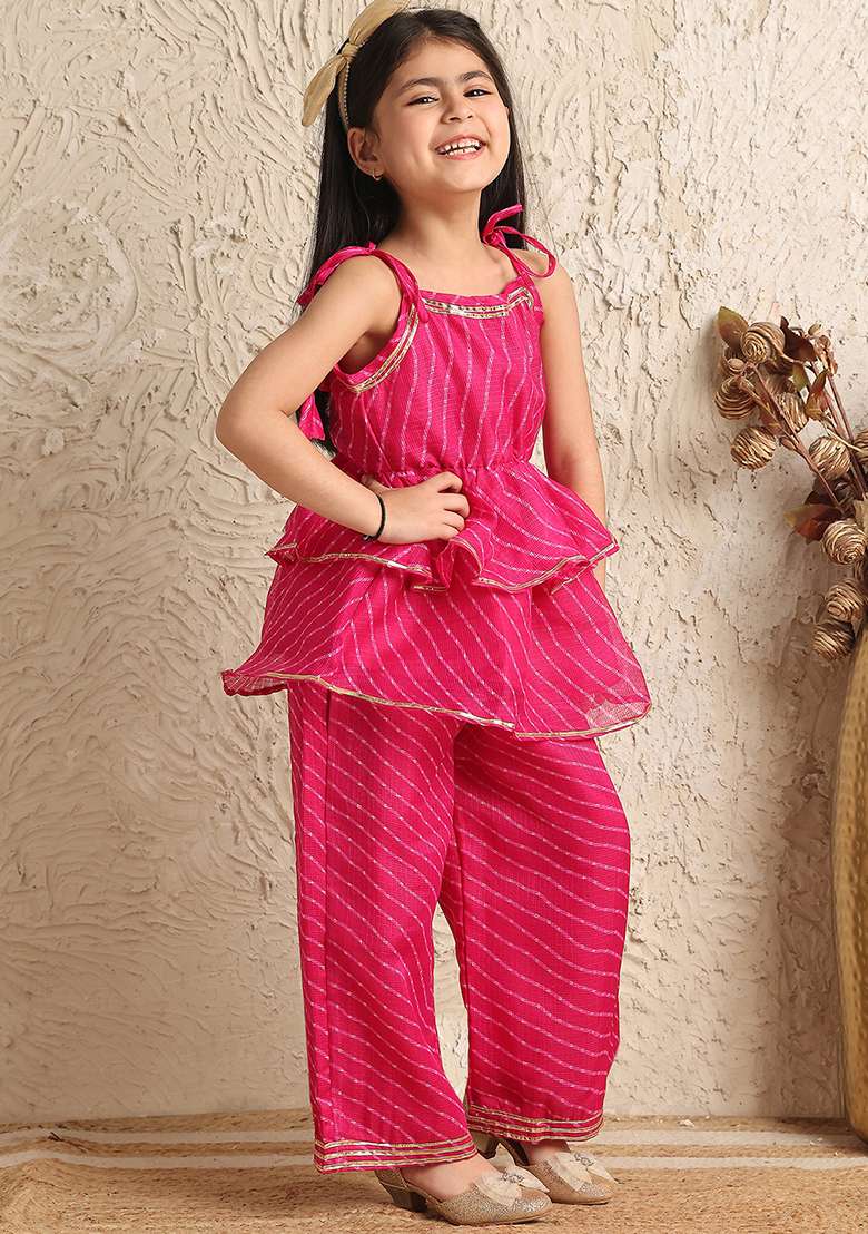 Magenta Striped Cotton Blend Kurta Set For Girls - Indya