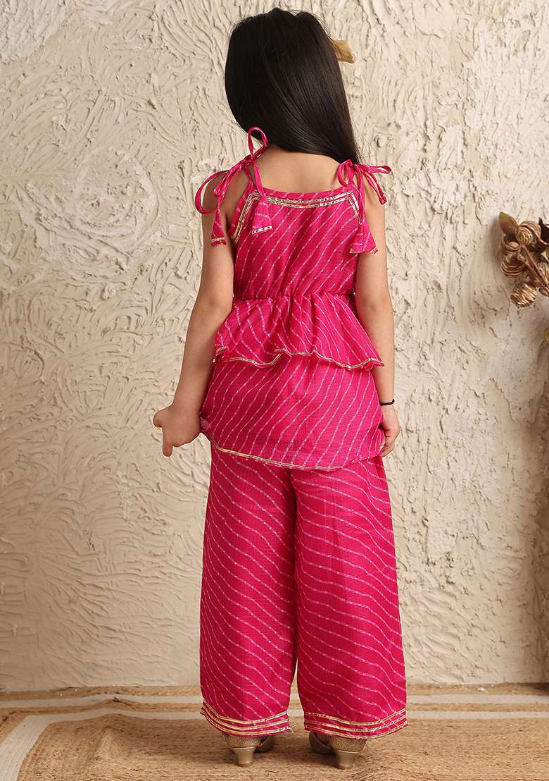 Magenta Striped Cotton Blend Kurta Set For Girls - Indya