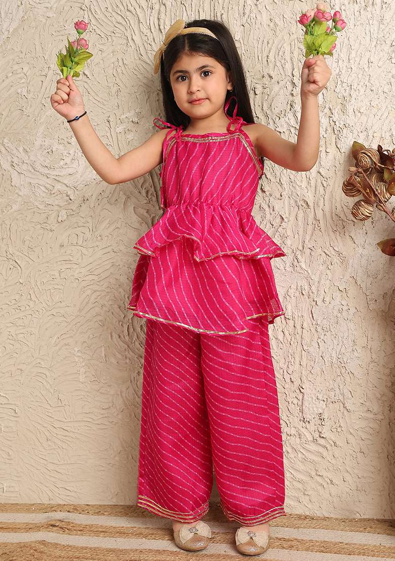Magenta Striped Cotton Blend Kurta Set For Girls - Indya