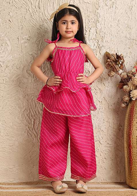 Magenta Striped Cotton Blend Kurta Set For Girls