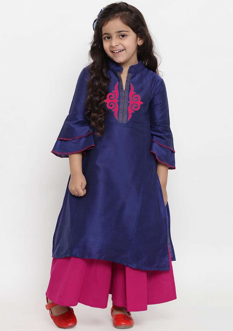 Navy Blue Embroidered Dupion Silk Salwar Kameez For Girls - Indya