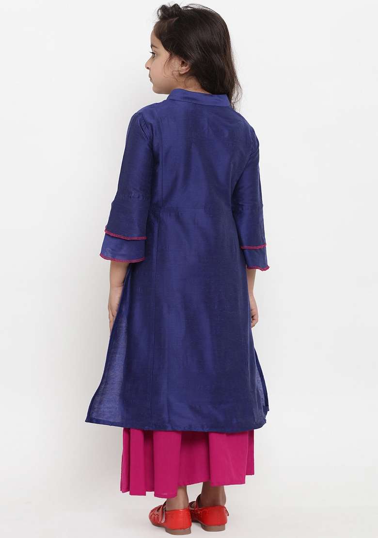 Navy Blue Embroidered Dupion Silk Salwar Kameez For Girls - Indya