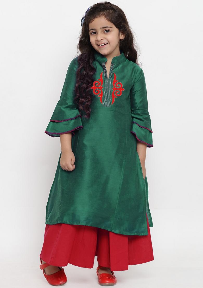 Bottle Green Embroidered Dupion Silk Salwar Kameez For Girls