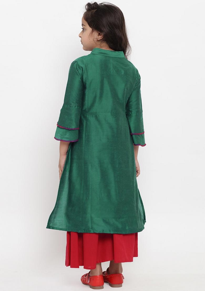 Bottle Green Embroidered Dupion Silk Salwar Kameez For Girls