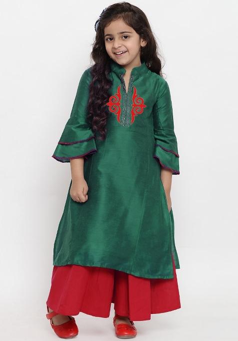 Bottle Green Embroidered Dupion Silk Salwar Kameez For Girls