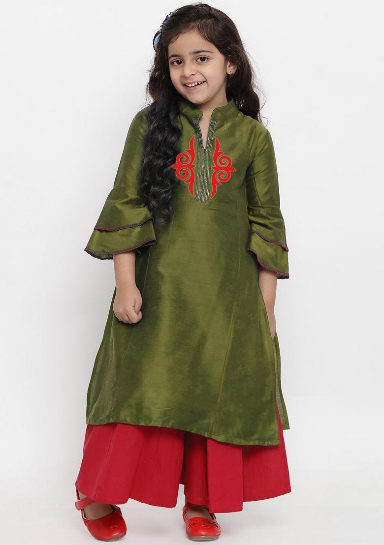 Mehandi Green Embroidered Dupion Silk Salwar Kameez For Girls